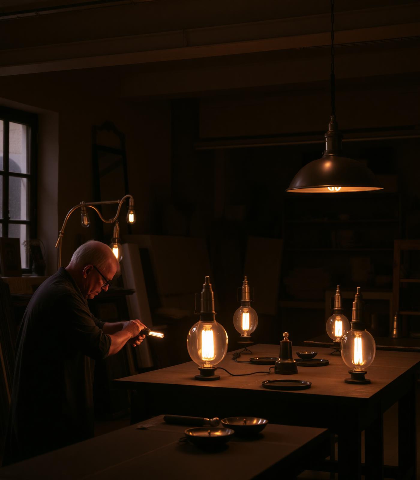 Artisan crafting a brass lighting fixture in a warmly lit workshop