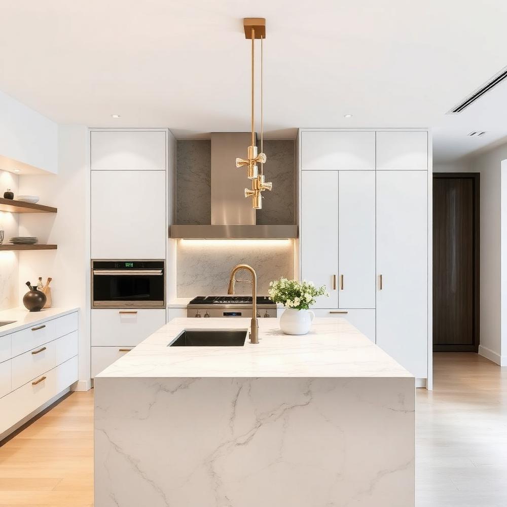 Brass pendant over a marble kitchen island