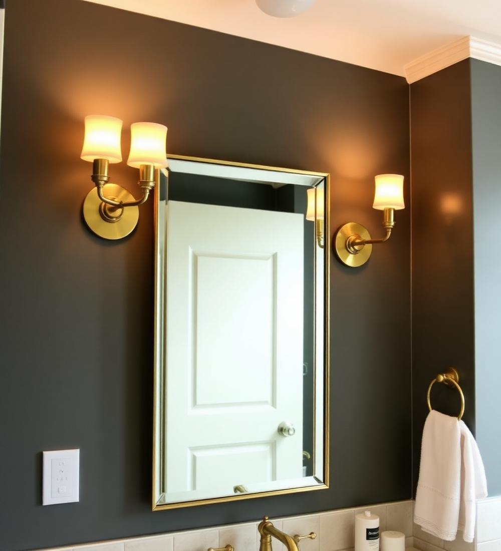 Brass wall sconces flanking a mirror