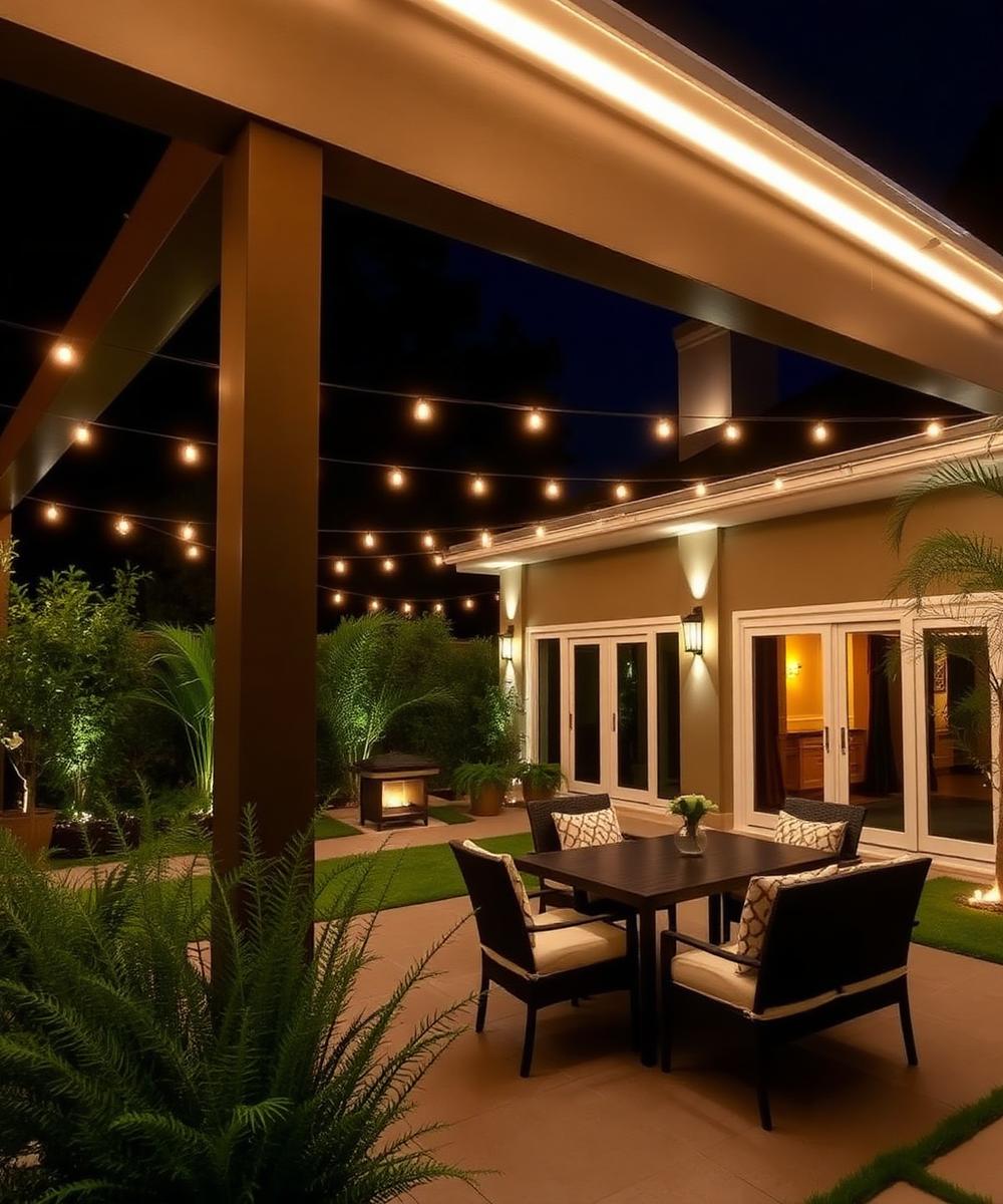 Outdoor patio with warm string lights
